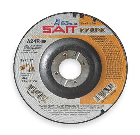 UNITED ABRASIVES/SAIT Cut-Off & Grinding Wheel, 27, 9" Dia, 1/8" Thick, 7/8" Arbor Hole Size, Aluminum Oxide 22065