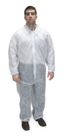 Condor Collared Disposable Coveralls, 25 PK, White, Polypropylene, Zipper 2KTL2