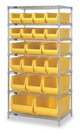 QUANTUM STORAGE SYSTEMS Steel, Polypropylene Bin Shelving, 36 in W x 74 in H x 24 in D, 7 Shelves, Yellow WR7-20-MIXYL