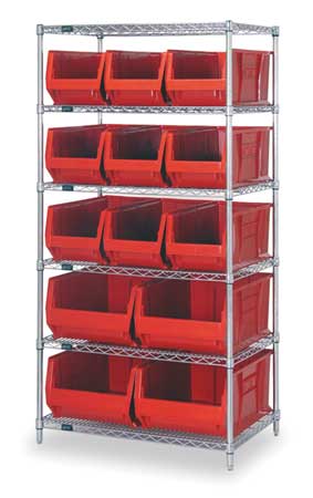 QUANTUM STORAGE SYSTEMS Steel, Polypropylene Bin Shelving, 36 in W x 74 in H x 30 in D, 6 Shelves, Red WR6-973974RD