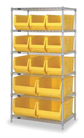 QUANTUM STORAGE SYSTEMS Steel, Polypropylene Bin Shelving, 36 in W x 74 in H x 30 in D, 6 Shelves, Yellow WR6-973974YL