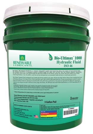 RENEWABLE LUBRICANTS 5 gal Pail, Hydraulic Oil, 46 ISO Viscosity, Not Specified SAE 81014
