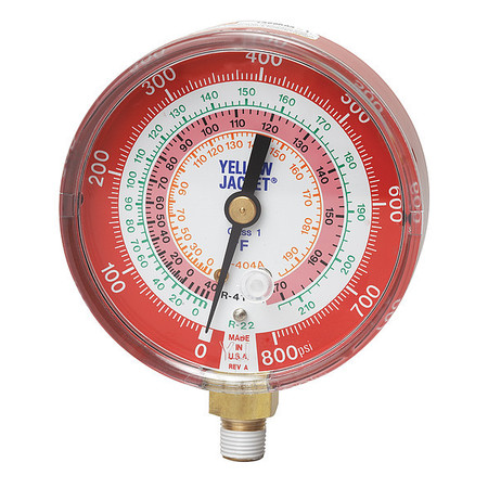 Yellow Jacket Gauge, 3-1/8 In Dia, High Side, Red, 800 psi 49137