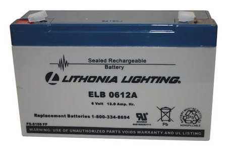 LITHONIA LIGHTING Battery, Lead Calcium, 6V, 12A/HR. ELB 0612A