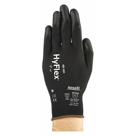 Ansell Hyflex Coated Gloves, Polyurethane, Palm Coated, Black, Large, 1 Pair 48-101