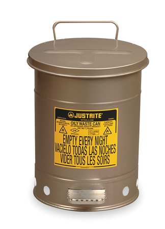 Justrite Oily Waste Can, 6 Gal., Steel, Silver 09104