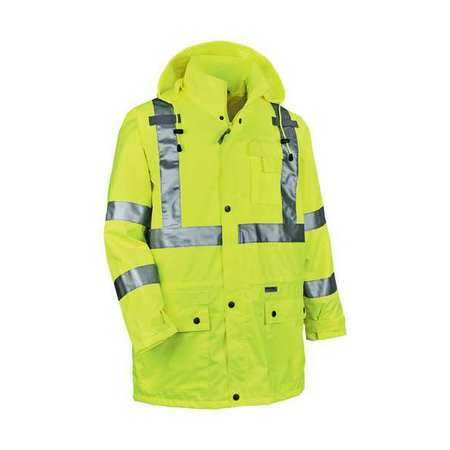 GLOWEAR BY ERGODYNE Rain Jacket w/Hood, HiVis Lime, 3XL 8365