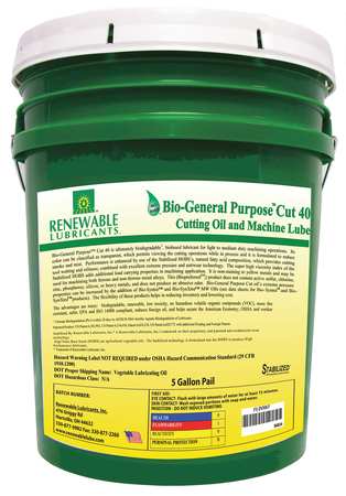 RENEWABLE LUBRICANTS Cutting Oil, 5 gal, Bucket 86834