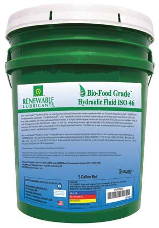 RENEWABLE LUBRICANTS Bio-Food Grade Hydraulic Fluid, 5 gal., ISO 46 87134