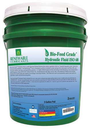 RENEWABLE LUBRICANTS Bio-Food Grade Hydraulic Fluid, 5 gal., ISO 68 87144