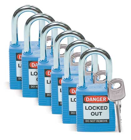 Brady Lockout Padlock, Keyed Different, Nylon, Standard Body Size, 1-3/4 in H, Blue, Pack of 6 51344