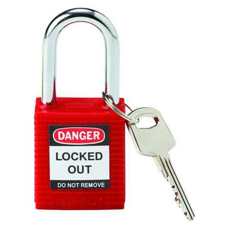 BRADY Lockout Padlock, Keyed Different, Nylon, Standard Body Size, 1-3/4 in H, Shackle Dia 1/4 in, Red 99552