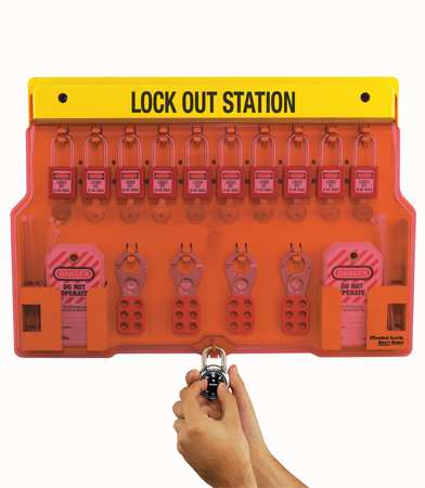 Master Lock Lockout Station, Wall Mounted, 10-Lock Covered Station with 410RED Zenex Thermoplastic Padlocks 1483BP410