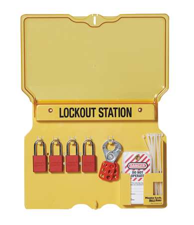 Master Lock Lockout Station, Wall Mounted, 10-Lock Covered Station with 410RED Zenex Thermoplastic Padlocks 1483BP410