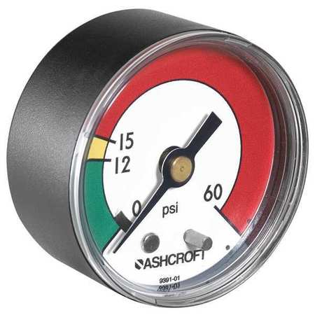 ASHCROFT Pressure Gauge, 0 to 60 psi, 1/8 in MNPT, Plastic, Black 20W1005PH01B 60 PSI