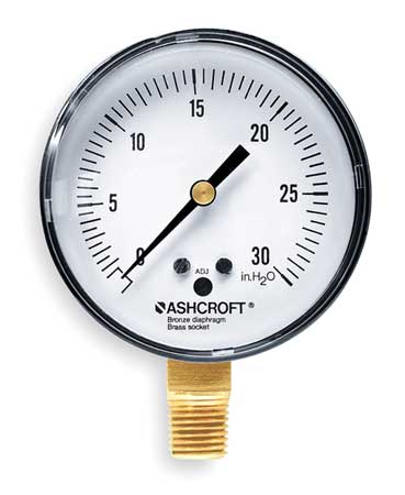 ASHCROFT Pressure Gauge, 0 to 30 in wc, 1/4 in MNPT, Plastic, Black 25 1490A 02L 30" H20