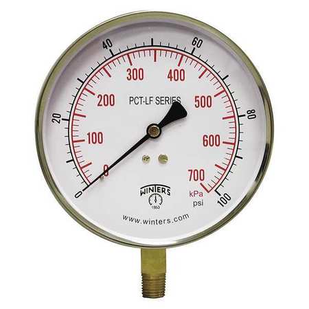 WINTERS Pressure Gauge, 0 to 100 psi, 1/4 in MNPT, Stainless Steel, Silver PCT323LF