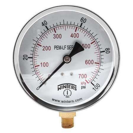 WINTERS Pressure Gauge, 0 to 100 psi, 1/4 in MNPT, Steel, Black PEM223LF