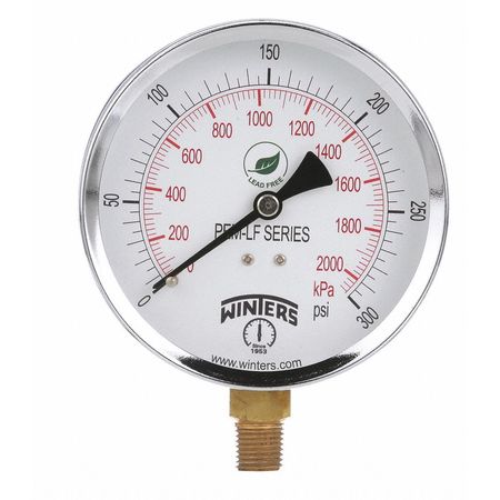 WINTERS Pressure Gauge, 0 to 300 psi, 1/4 in MNPT, Steel, Black PEM226LF