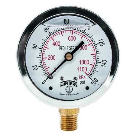 Winters Pressure Gauge, 0 to 160 psi, 1/4 in MNPT, Stainless Steel, Silver PFQ805LF