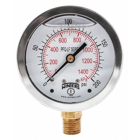 Winters Pressure Gauge, 0 to 200 psi, 1/4 in MNPT, Stainless Steel, Silver PFQ806LF