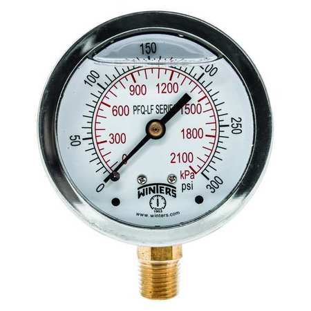Winters Pressure Gauge, 0 to 300 psi, 1/4 in MNPT, Stainless Steel, Silver PFQ807LF