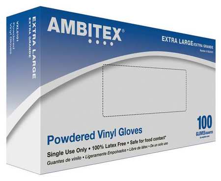 Ambitex Disposable Gloves, 3 mil Palm, vinyl, Powdered, XL, 100 PK VXL5101