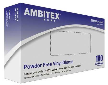 Ambitex Smooth Gloves, 3 mil Palm, Vinyl, Powder-Free, S, 100 PK, Clear VSM5201