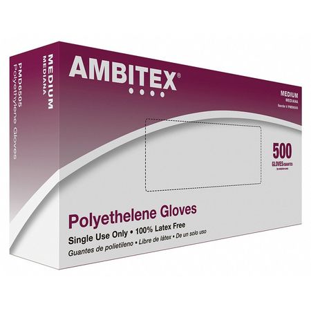 Ambitex Disposable Gloves, 0.63 mil Palm, Polyethylene, Powder-Free, M, 500 PK, Clear PMD6505