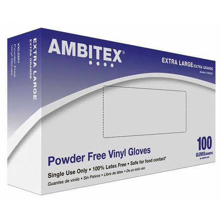 Ambitex Smooth Gloves, 3 mil Palm, Vinyl, Powder-Free, XL, 100 PK, Clear VXL5201