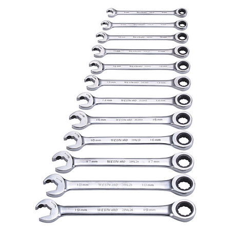 WESTWARD Combination Ratcheting Wrench Set, Alloy Steel, 12 Tools 20PH18