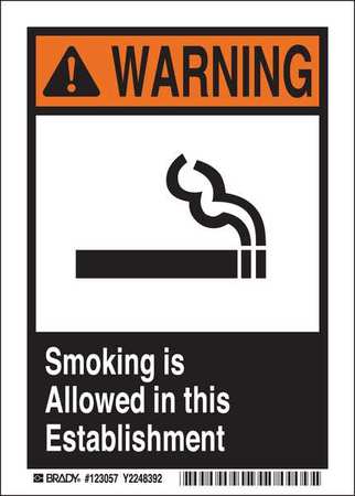 BRADY Smoking Area Sign, 7 in Height, 5 in Width, Vinyl, Rectangle, English 123056