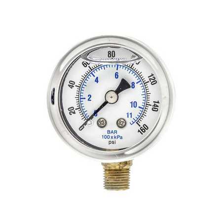PIC GAUGES Pressure Gauge, 0 to 160 psi, 1/8 in MNPT, Stainless Steel, Silver 201L-158F