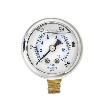 Pic Gauges Pressure Gauge, 0 to 200 psi, 1/8 in MNPT, Stainless Steel, Silver 201L-158G