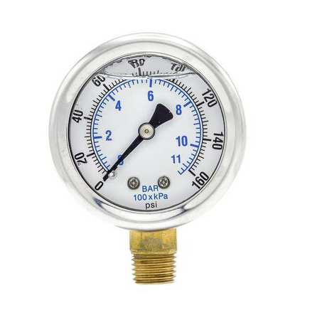 Pic Gauges Pressure Gauge, 0 to 160 psi, 1/4 in MNPT, Stainless Steel, Silver 201L-204F