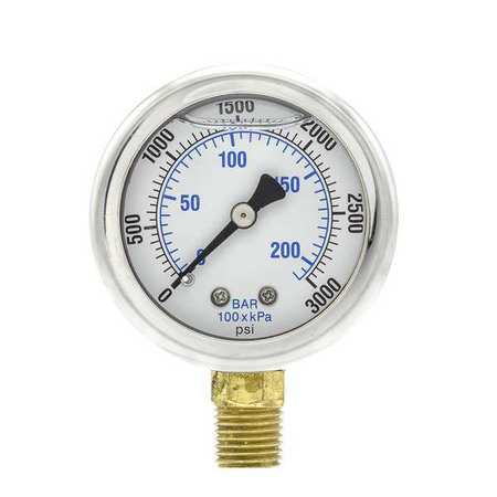 Pic Gauges Pressure Gauge, 0 to 3000 psi, 1/4 in MNPT, Stainless Steel, Silver 201L-204P