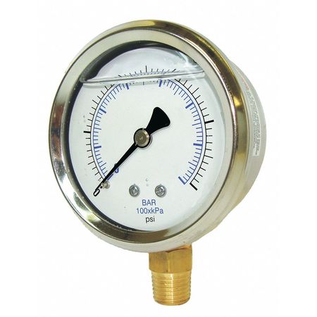 Pic Gauges Pressure Gauge, 0 to 60 psi, 1/4 in MNPT, Stainless Steel, Silver 201L-204D