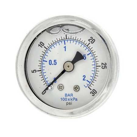 PIC GAUGES Pressure Gauge, 0 to 30 psi, 1/8 in MNPT, Stainless Steel, Silver 202L-158C