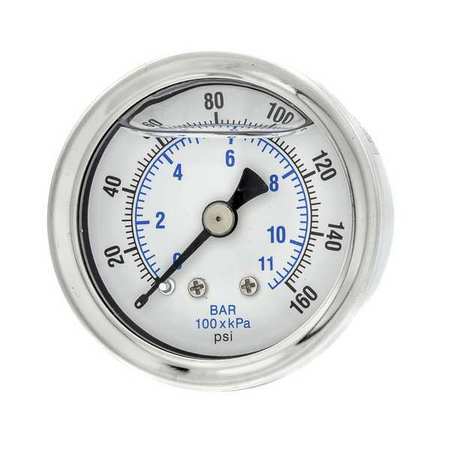 Pic Gauges Pressure Gauge, 0 to 160 psi, 1/8 in MNPT, Stainless Steel, Silver 202L-158F