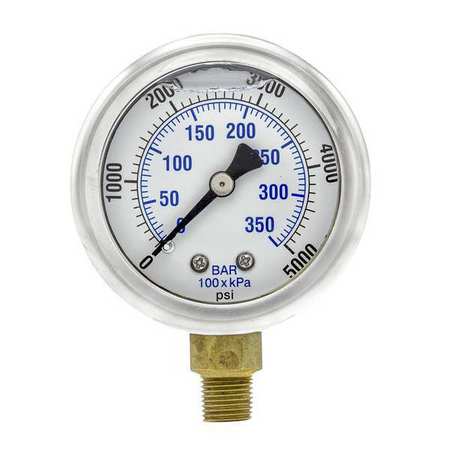 PIC GAUGES Pressure Gauge, 0 to 5000 psi, 1/8 in MNPT, Stainless Steel, Silver 201L-208R