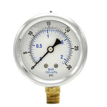 Pic Gauges Pressure Gauge, 0 to 30 psi, 1/4 in MNPT, Stainless Steel, Silver PRO-201L-254C