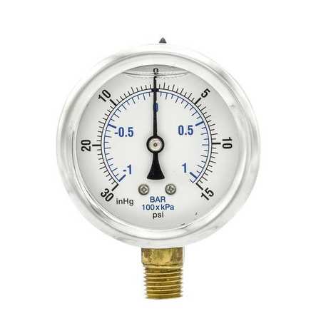 Pic Gauges Compound Gauge, -30 to 0 to 15 in Hg/psi, 1/4 in MNPT, Stainless Steel, Silver PRO-201L-254CB