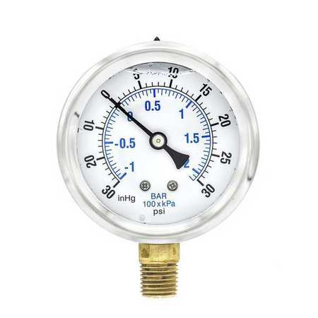 Pic Gauges Compound Gauge, -30 to 0 to 30 in Hg/psi, 1/4 in MNPT, Stainless Steel, Silver PRO-201L-254CC