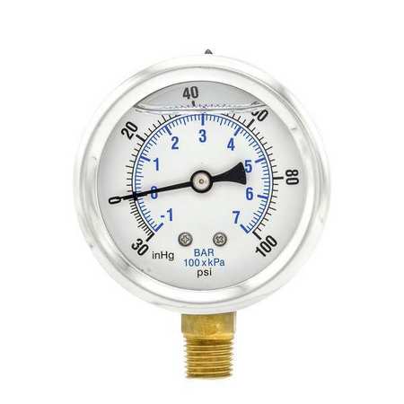Pic Gauges Compound Gauge, -30 to 0 to 100 in Hg/psi, 1/4 in MNPT, Stainless Steel, Silver PRO-201L-254CE
