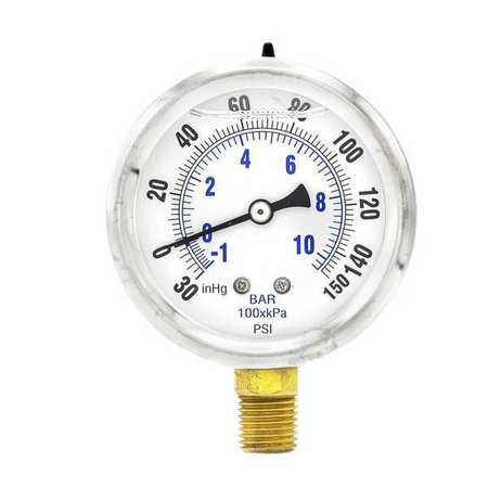 Pic Gauges Compound Gauge, -30 to 0 to 160 in Hg/psi, 1/4 in MNPT, Stainless Steel, Silver PRO-201L-254CF