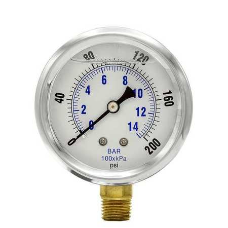 Pic Gauges Pressure Gauge, 0 to 200 psi, 1/4 in MNPT, Stainless Steel, Silver PRO-201L-254G
