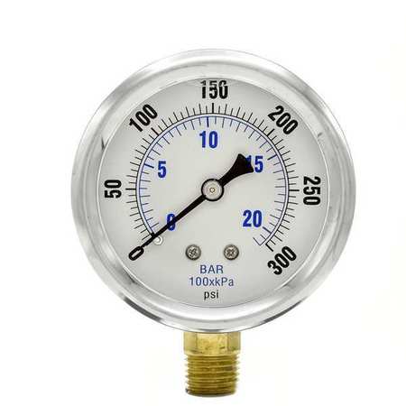 Pic Gauges Pressure Gauge, 0 to 300 psi, 1/4 in MNPT, Stainless Steel, Silver PRO-201L-254H