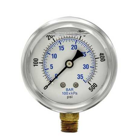 Pic Gauges Pressure Gauge, 0 to 500 psi, 1/4 in MNPT, Stainless Steel, Silver PRO-201L-254J