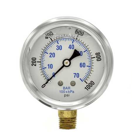 Pic Gauges Pressure Gauge, 0 to 1000 psi, 1/4 in MNPT, Stainless Steel, Silver PRO-201L-254M