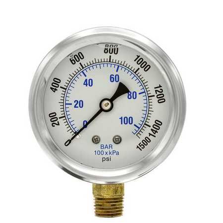 Pic Gauges Pressure Gauge, 0 to 1500 psi, 1/4 in MNPT, Stainless Steel, Silver PRO-201L-254N